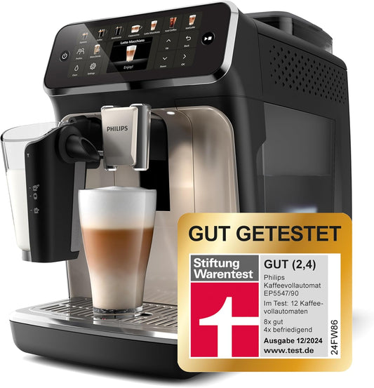 Philips Serie 5500 Kaffeevollautomat (EP5547/90) – LatteGo Milchsystem, 20 heiße und kalte Kaffeespezialitäten, 40% leiser mit SilentBrew, QuickStart, Schwarz Verchromt